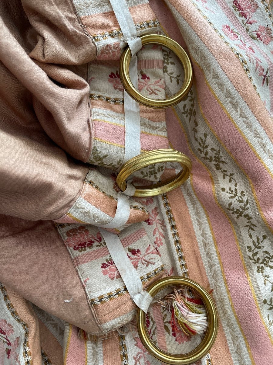 Pair Of Antique Linen And Silk Jacquard Curtains With Gold Rings -photo-4