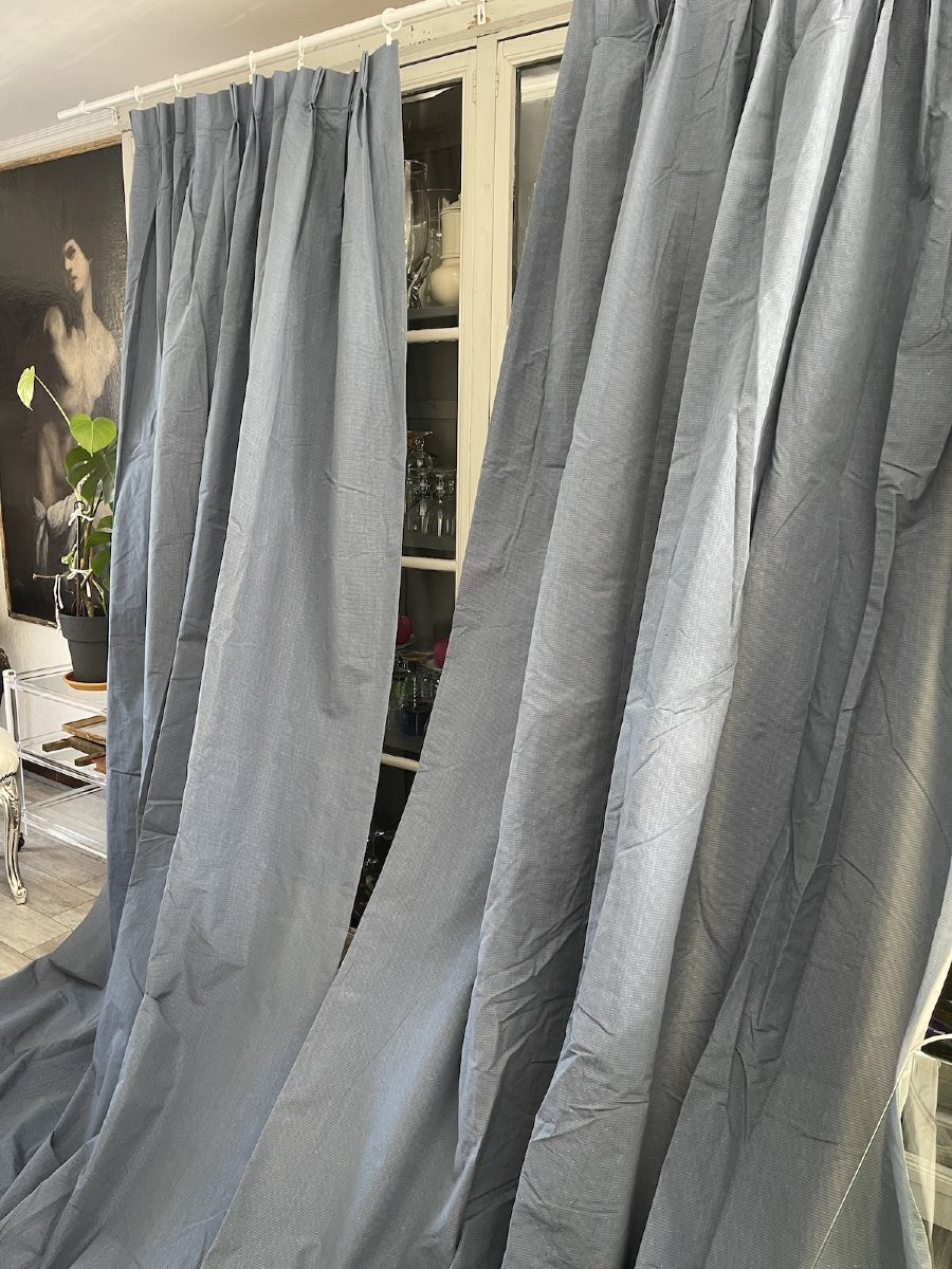 336 cm x 183 cm. Paire de Rideaux Vintage Bleu Grisé – Doublés -photo-5