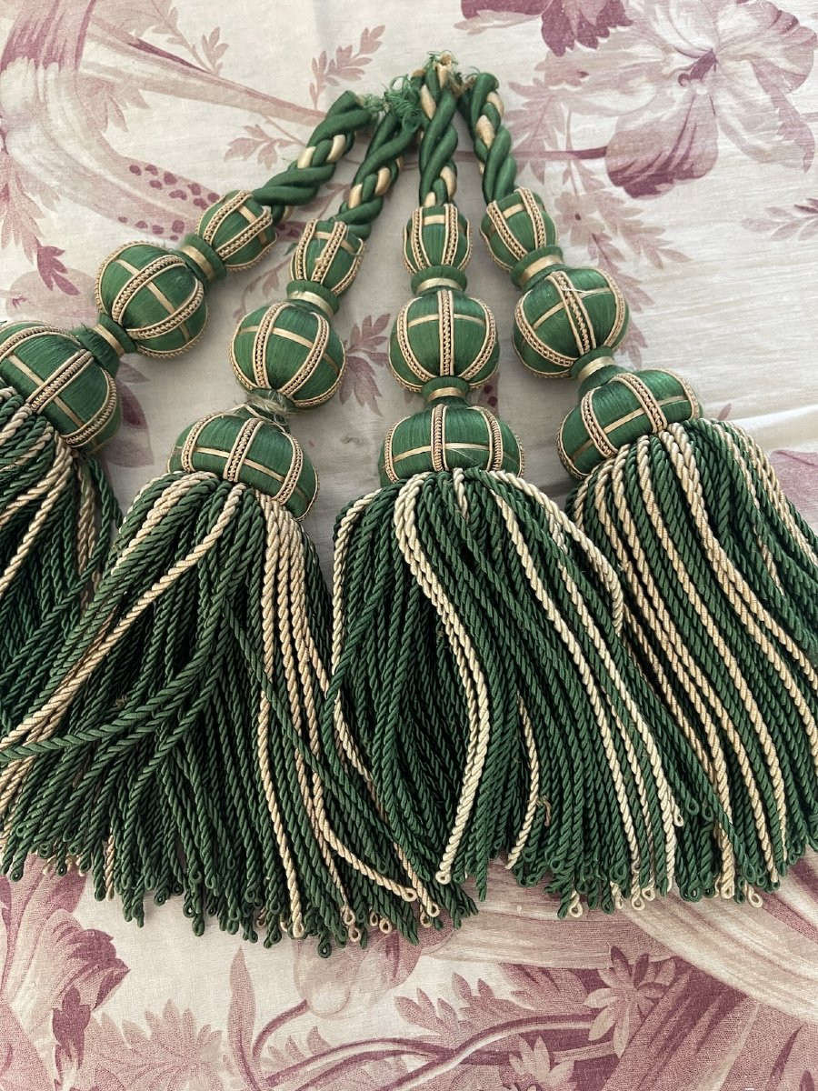 4 Green And Beige Silk Tassels, French Trimmings For Decoration-photo-4