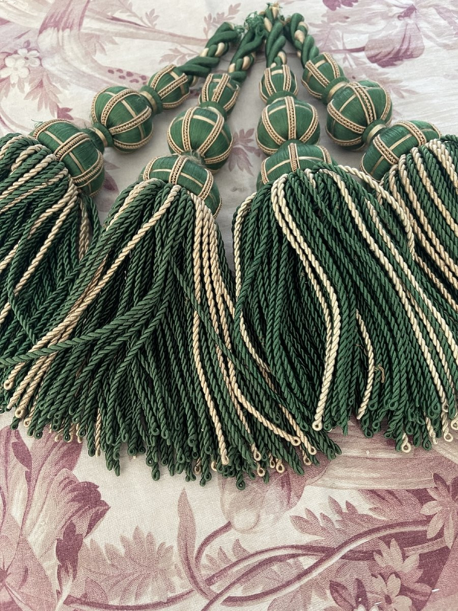 4 Green And Beige Silk Tassels, French Trimmings For Decoration-photo-3