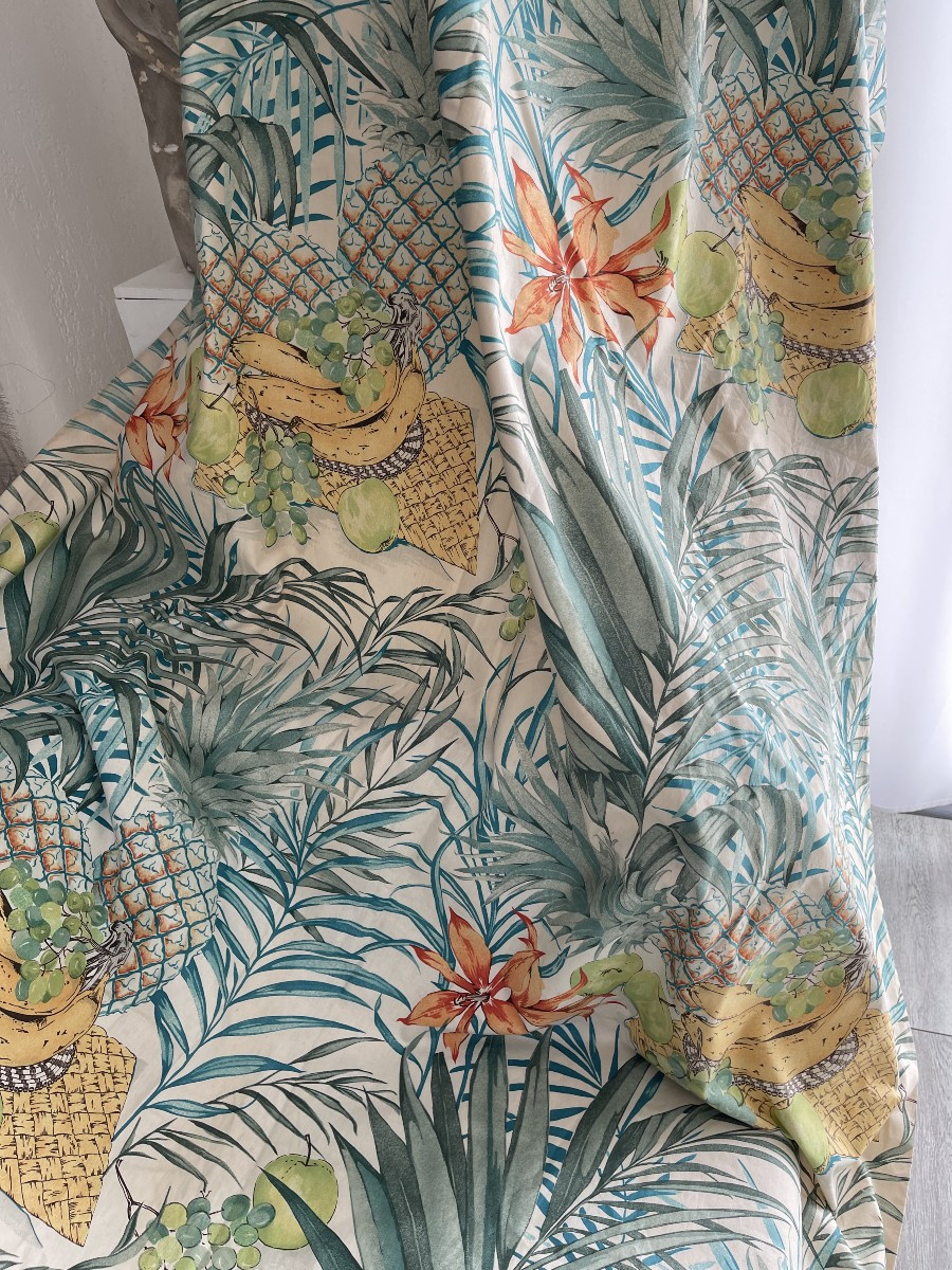 Paire De Rideaux Vintage Décor De Fruits Et Plantes Exotiques