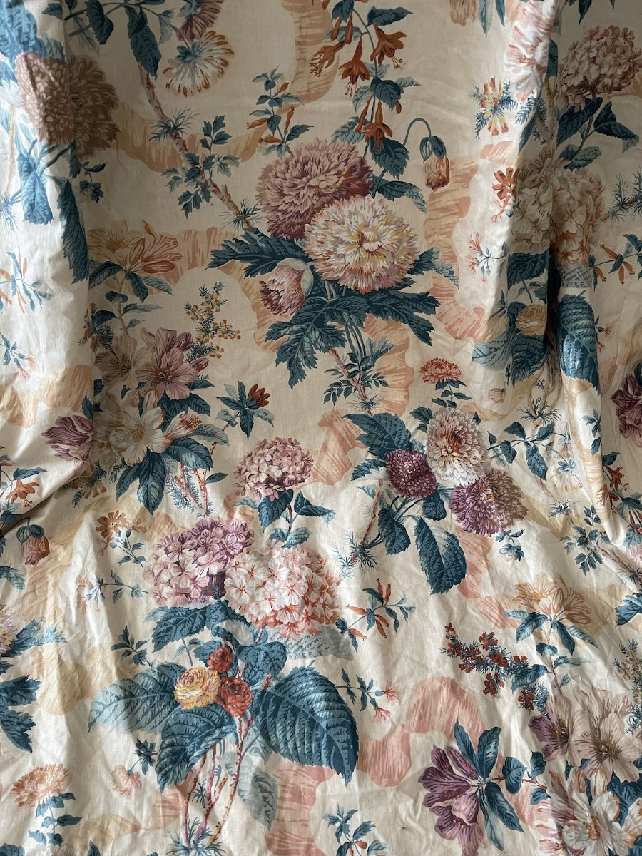 First Pair Of Floral Chintz Curtains, 20th Century, Hydrangeas, Fuchsias, Dahlias-photo-6