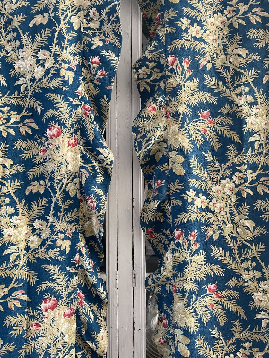 Seconde Paire de rideaux bleus de France roses et fleurs printanières-photo-3