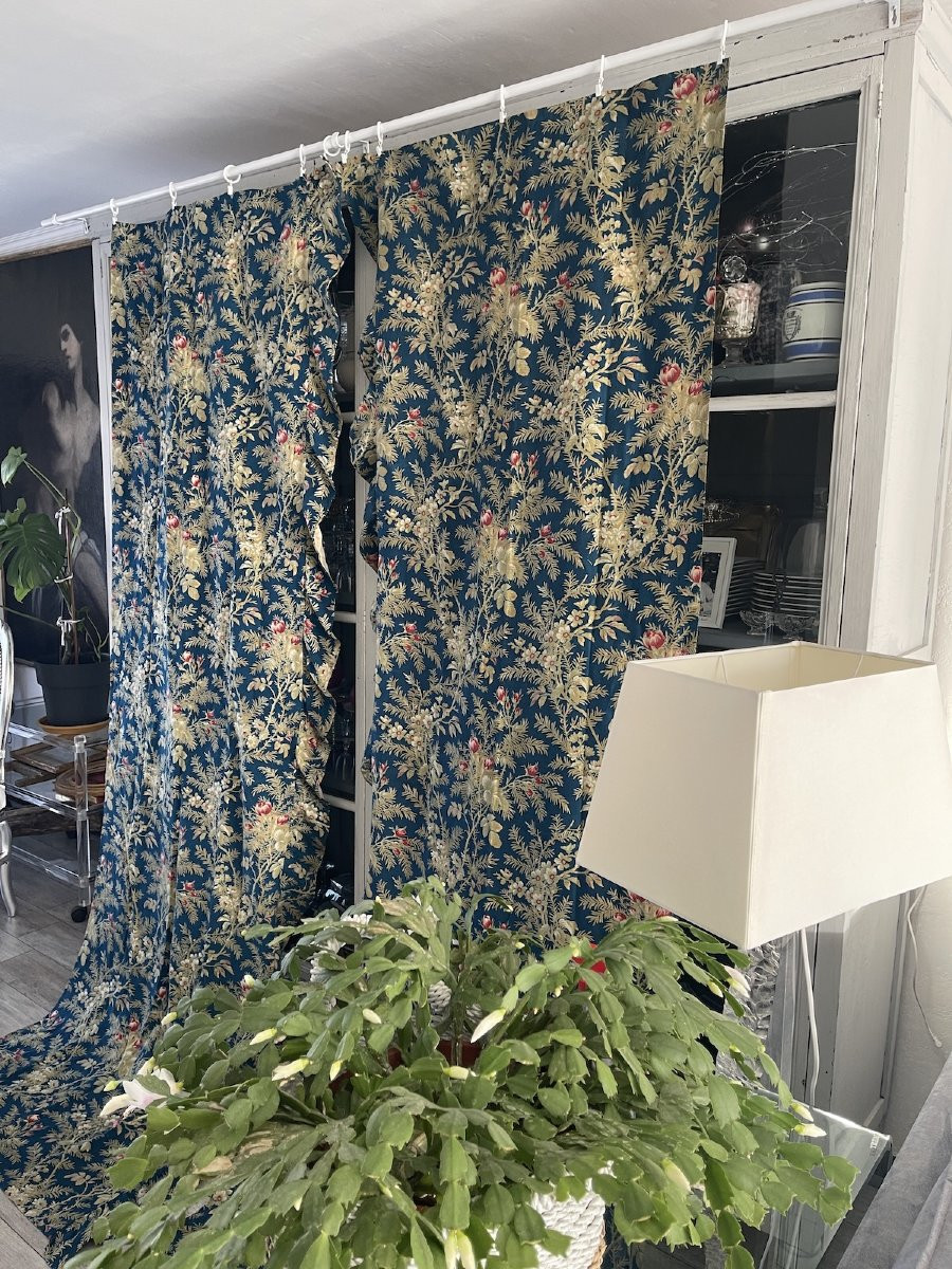 Seconde Paire de rideaux bleus de France roses et fleurs printanières-photo-4