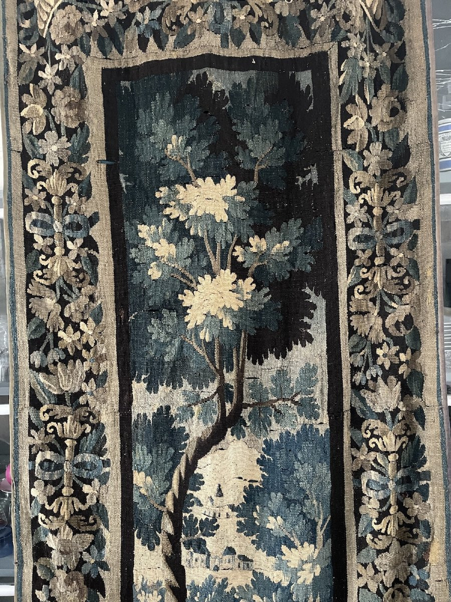 Aubusson Tapestry – 18th Century. Verdure, Architectural Motifs, Floral Border.-photo-2