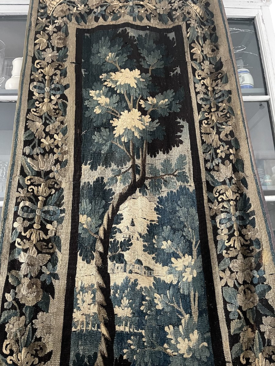 Aubusson Tapestry – 18th Century. Verdure, Architectural Motifs, Floral Border.-photo-1