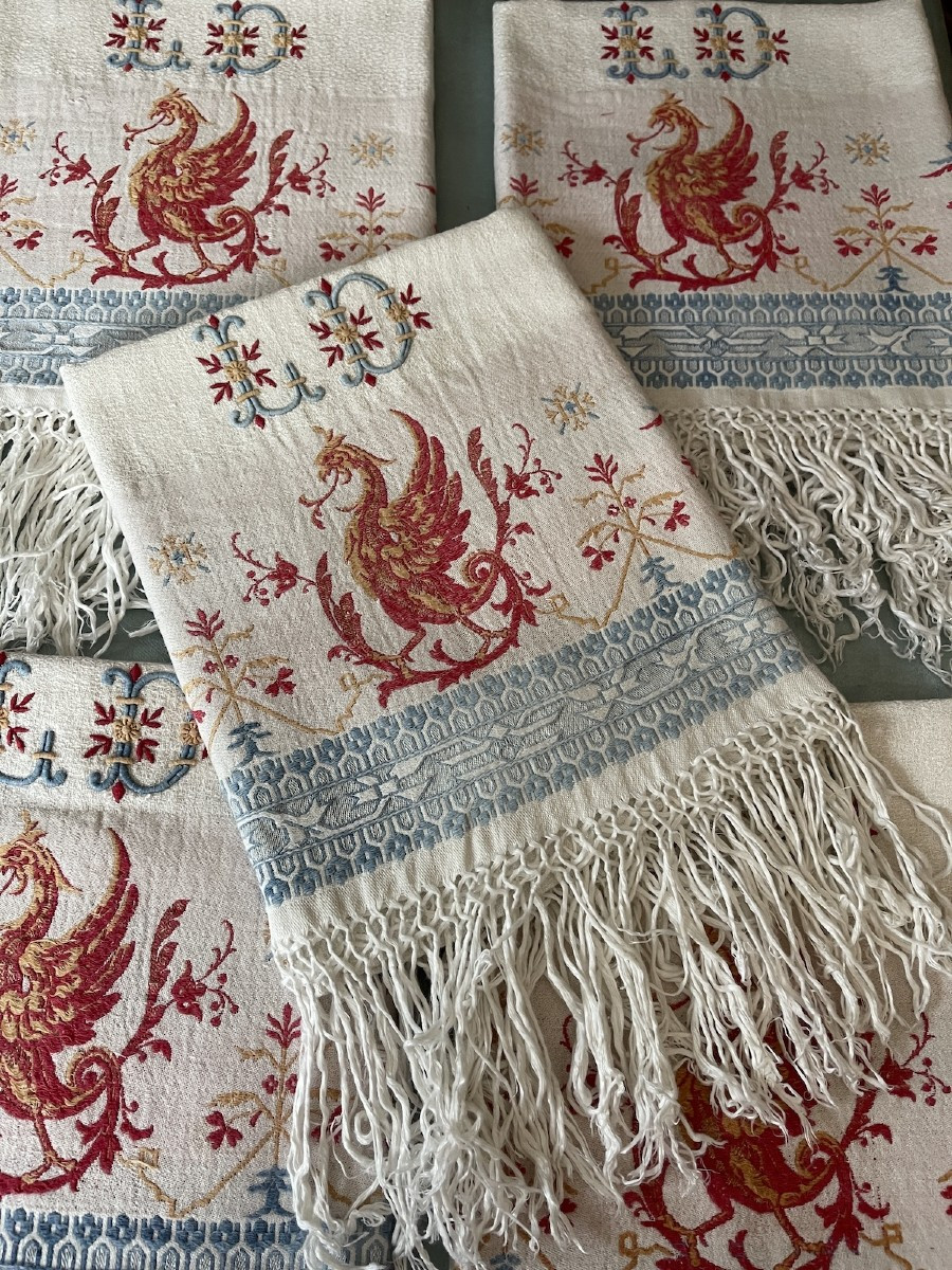 Set Of Five Antique Monogrammed Ld Bath Towels With Sphinx Decoration 