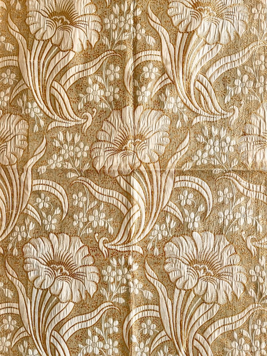Length Of Art Deco Silk And Linen Fabric, Enhanced With Gold Silk, Antique Fabric-photo-4