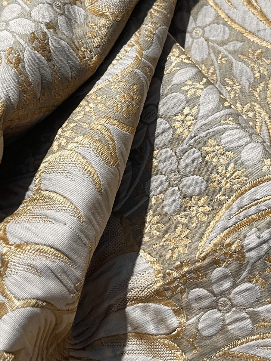 Length Of Art Deco Silk And Linen Fabric, Enhanced With Gold Silk, Antique Fabric-photo-4