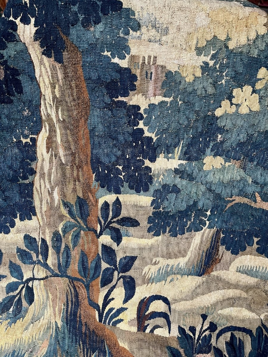 18th-century Aubusson Tapestry, Verdure At A Medieval Castle With Three Towers, Floral Border-photo-3
