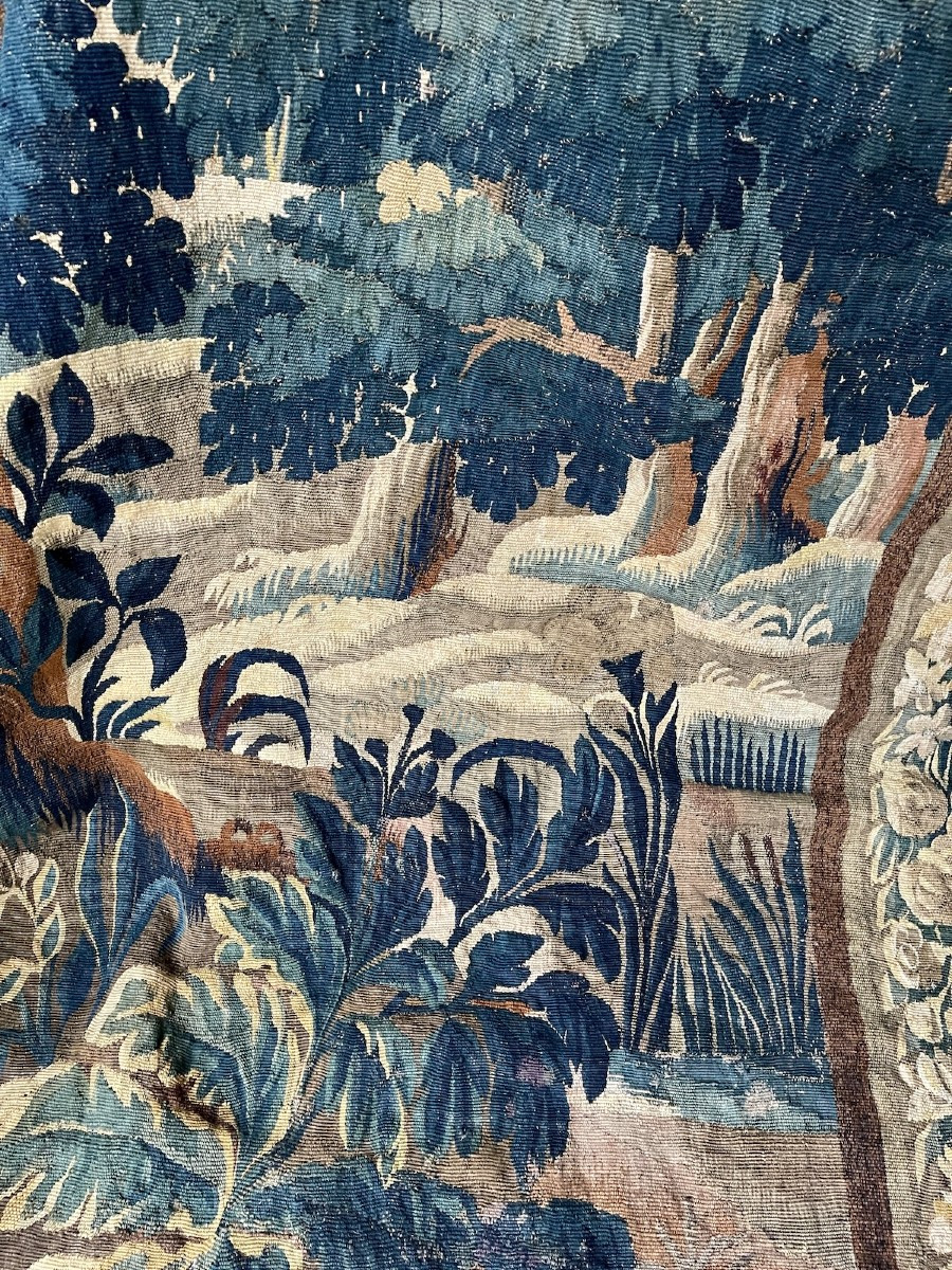 18th-century Aubusson Tapestry, Verdure At A Medieval Castle With Three Towers, Floral Border-photo-4