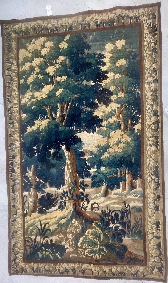 18th-century Aubusson Tapestry, Verdure At A Medieval Castle With Three Towers, Floral Border-photo-1