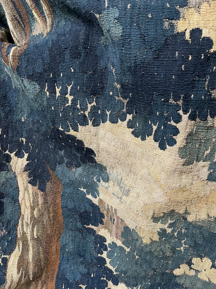 18th-century Aubusson Tapestry, Verdure At A Medieval Castle With Three Towers, Floral Border-photo-5