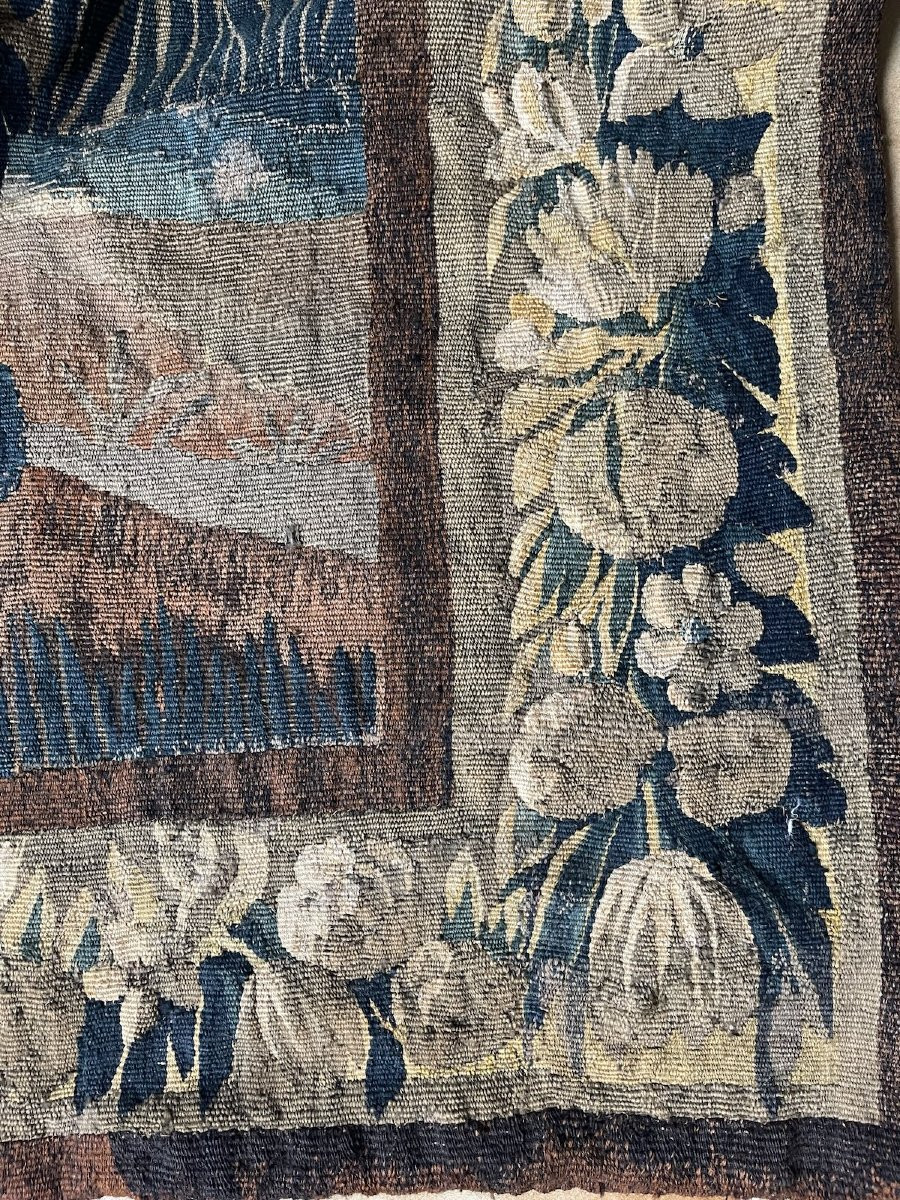 18th-century Aubusson Tapestry, Verdure At A Medieval Castle With Three Towers, Floral Border-photo-6
