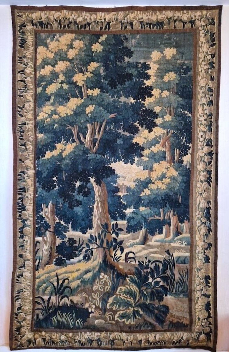 18th-century Aubusson Tapestry, Verdure At A Medieval Castle With Three Towers, Floral Border-photo-8