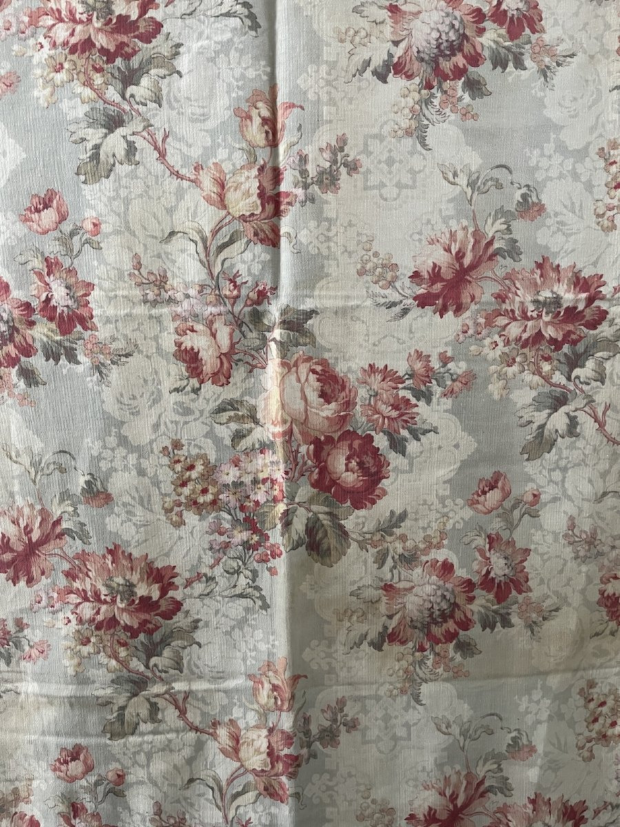 Antique Printed Cotton Panel – Decor Of Roses In Powdery Tones – Late 19th Century-photo-4