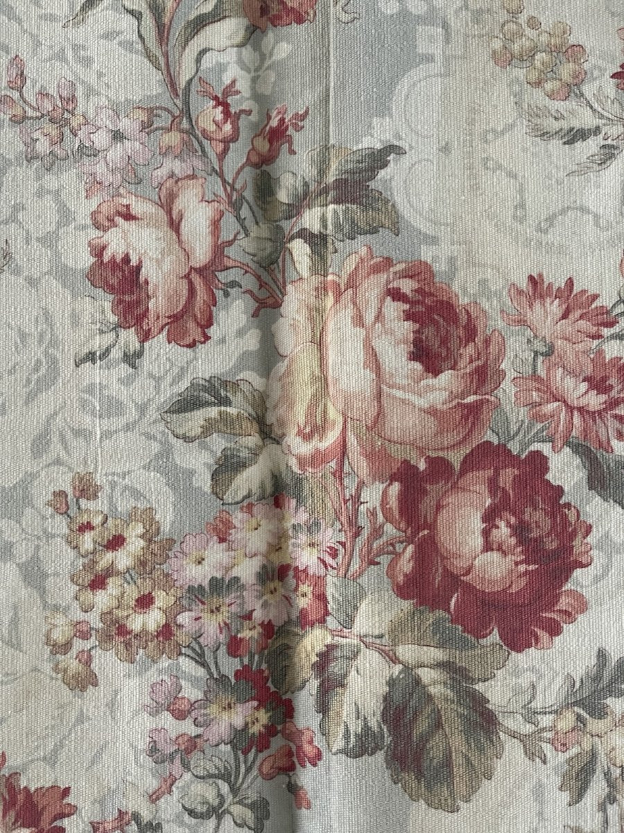 Antique Printed Cotton Panel – Decor Of Roses In Powdery Tones – Late 19th Century-photo-6