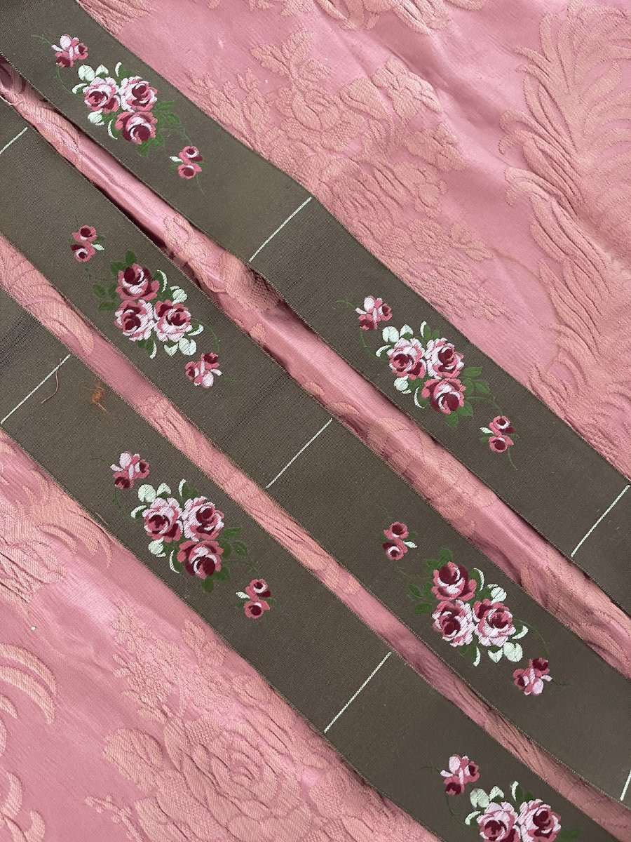 355 Cm X 4 Cm. Antique Jacquard Silk Ribbon Trim – Elegance And Refinement, Floral Design -photo-3