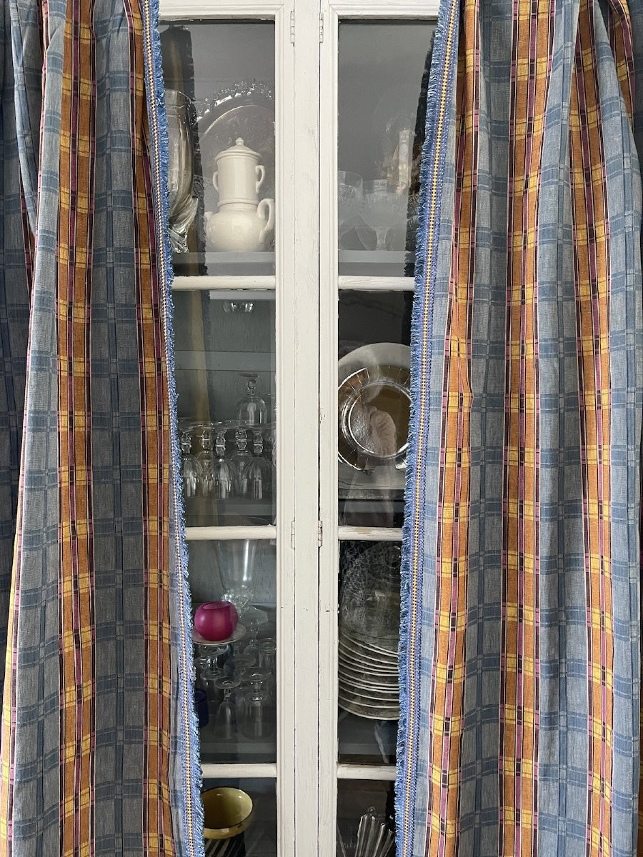 Pair Of Late 19th Century Curtains – Woven In Shades Of Blue And Gold, Trimmed With Fringed Braid-photo-2