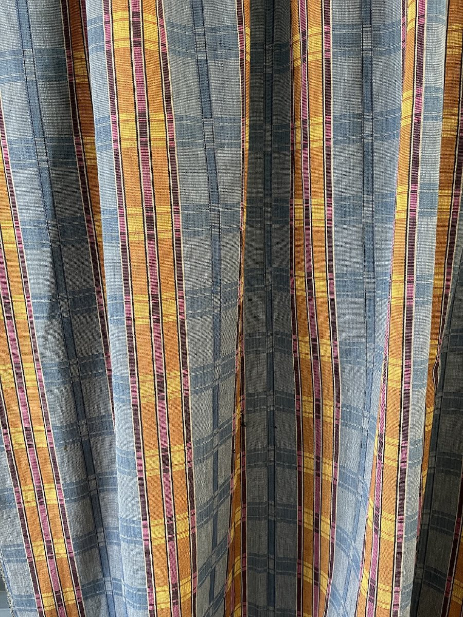 Pair Of Late 19th Century Curtains – Woven In Shades Of Blue And Gold, Trimmed With Fringed Braid-photo-5