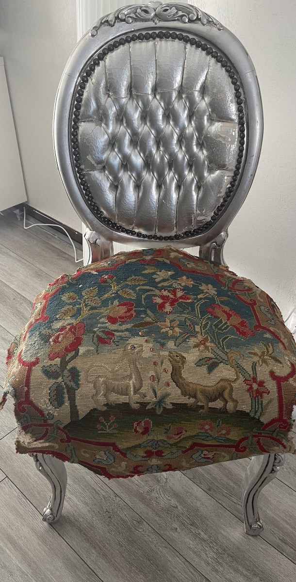 18th-century Armchair Cover In Petit Point Tapestry With Floral And Animal Decoration-photo-1