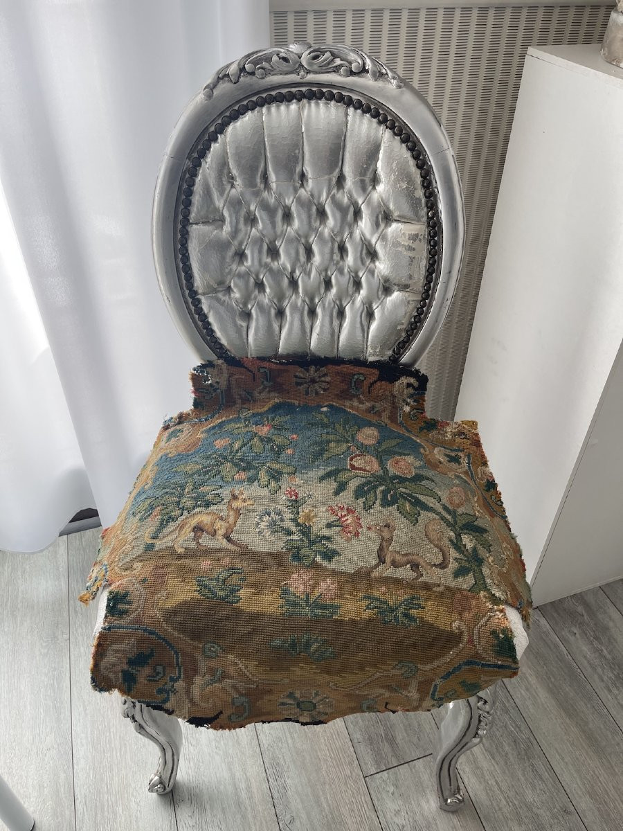 Dessus de fauteuil d’époque XVIIIᵉ siècle –  Tapisserie Broderie au petit point décor animalier-photo-1