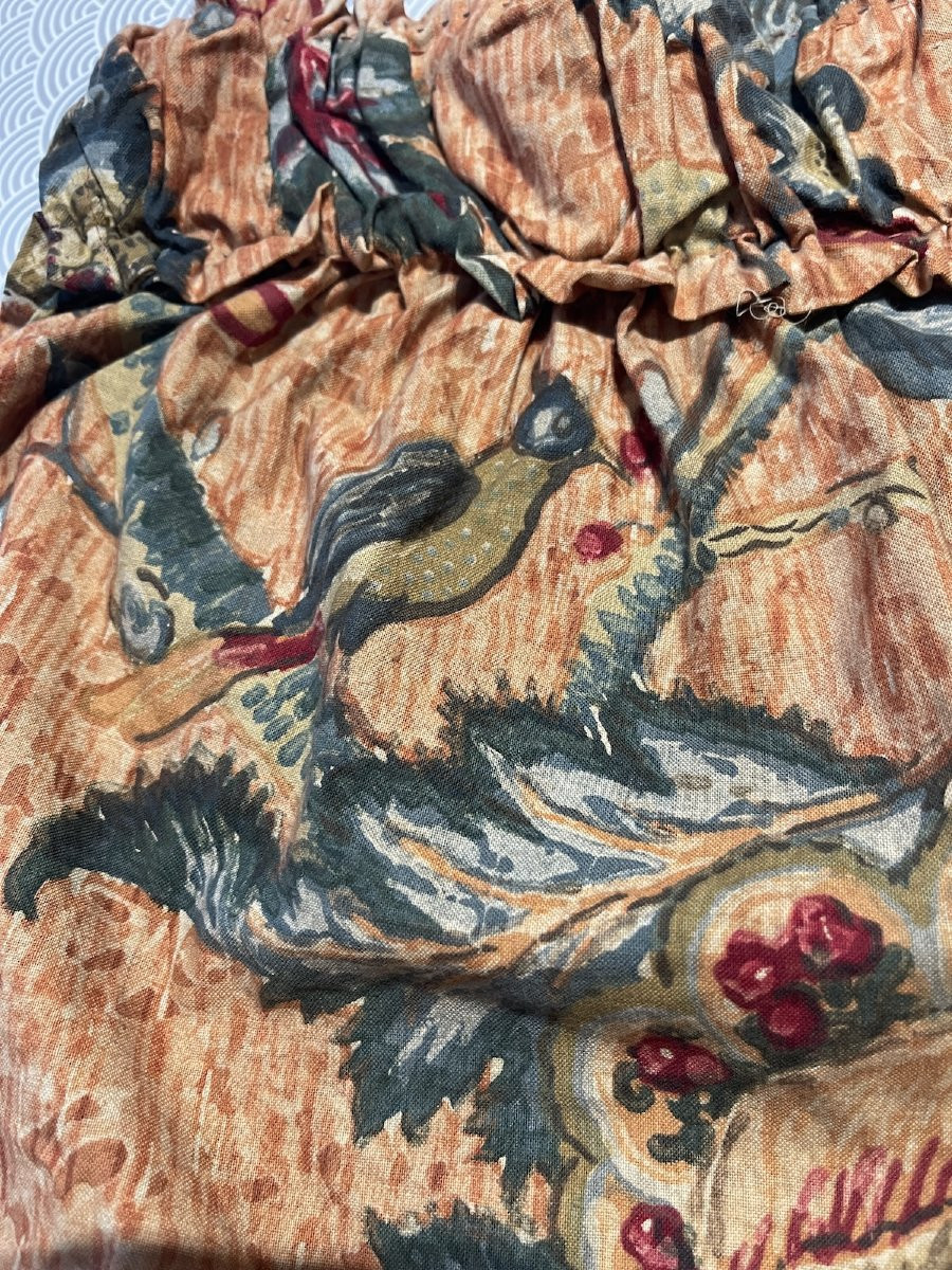 Cantonnière ancienne en tissu imprimé – décor floral et oiseaux, étoffe ancienne -photo-5