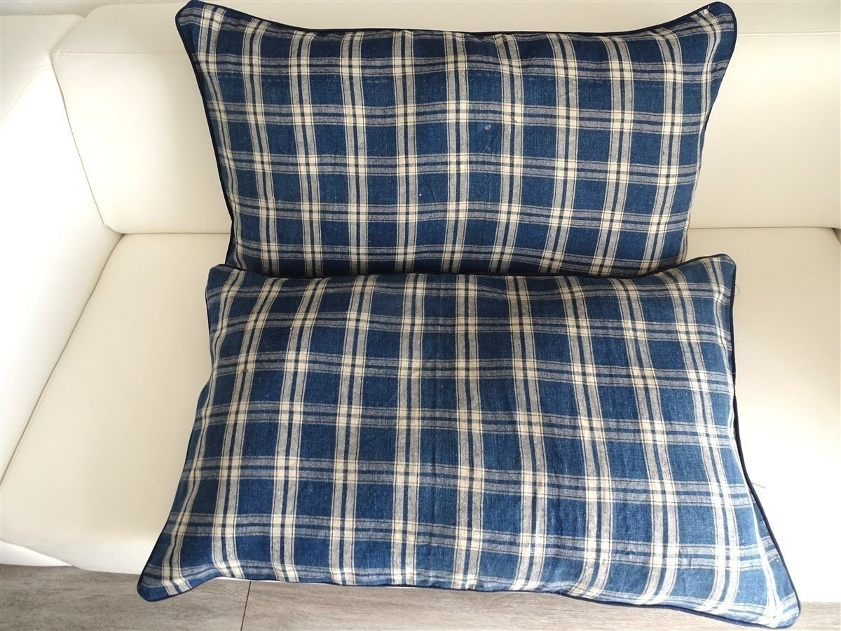 Pair Of Antique Indigo Canvas Cushions – Late 18th Century – 80 Cm X 50 Cm -photo-8