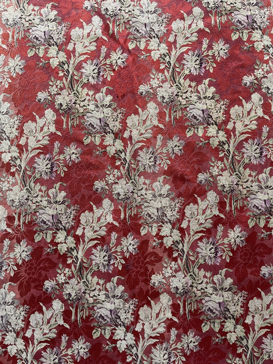 Tapisserie XIXe siècle fond rouge décor floral roses iris dahlias-photo-2
