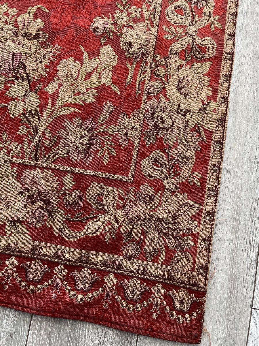 Tapisserie XIXe siècle fond rouge décor floral roses iris dahlias-photo-3