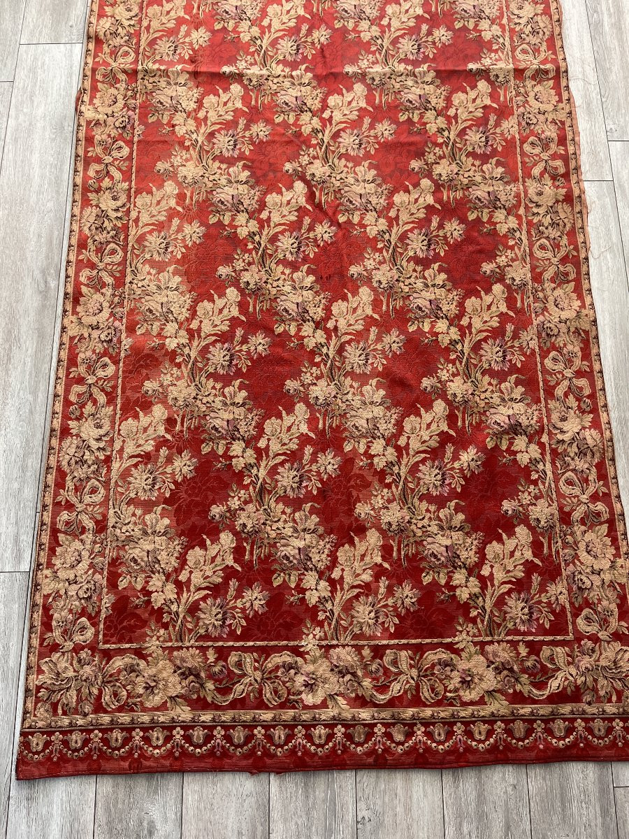 Tapisserie XIXe siècle fond rouge décor floral roses iris dahlias-photo-6
