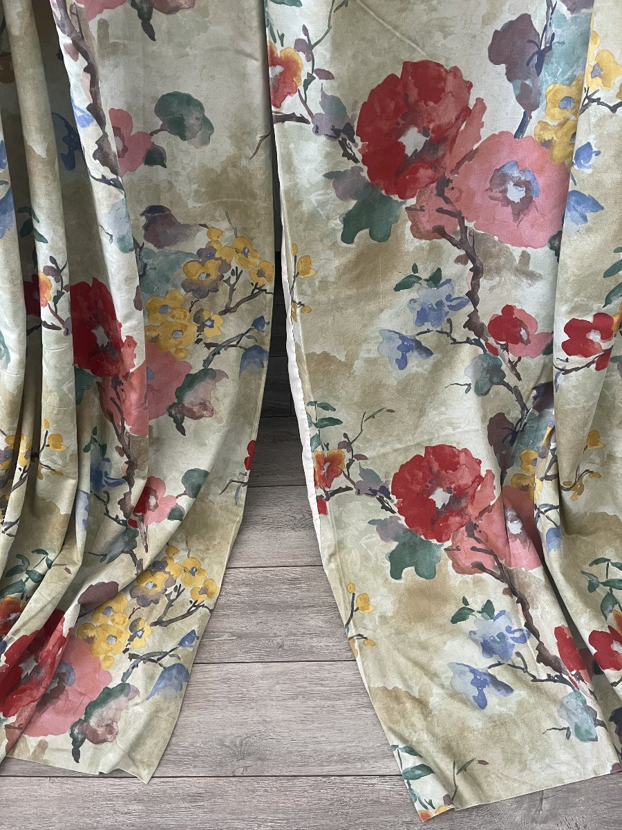 Paire de rideaux vintage  esprit aquarelle décor floral à grande échelle-photo-3