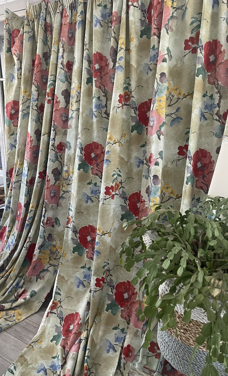 Paire de rideaux vintage  esprit aquarelle décor floral à grande échelle-photo-7