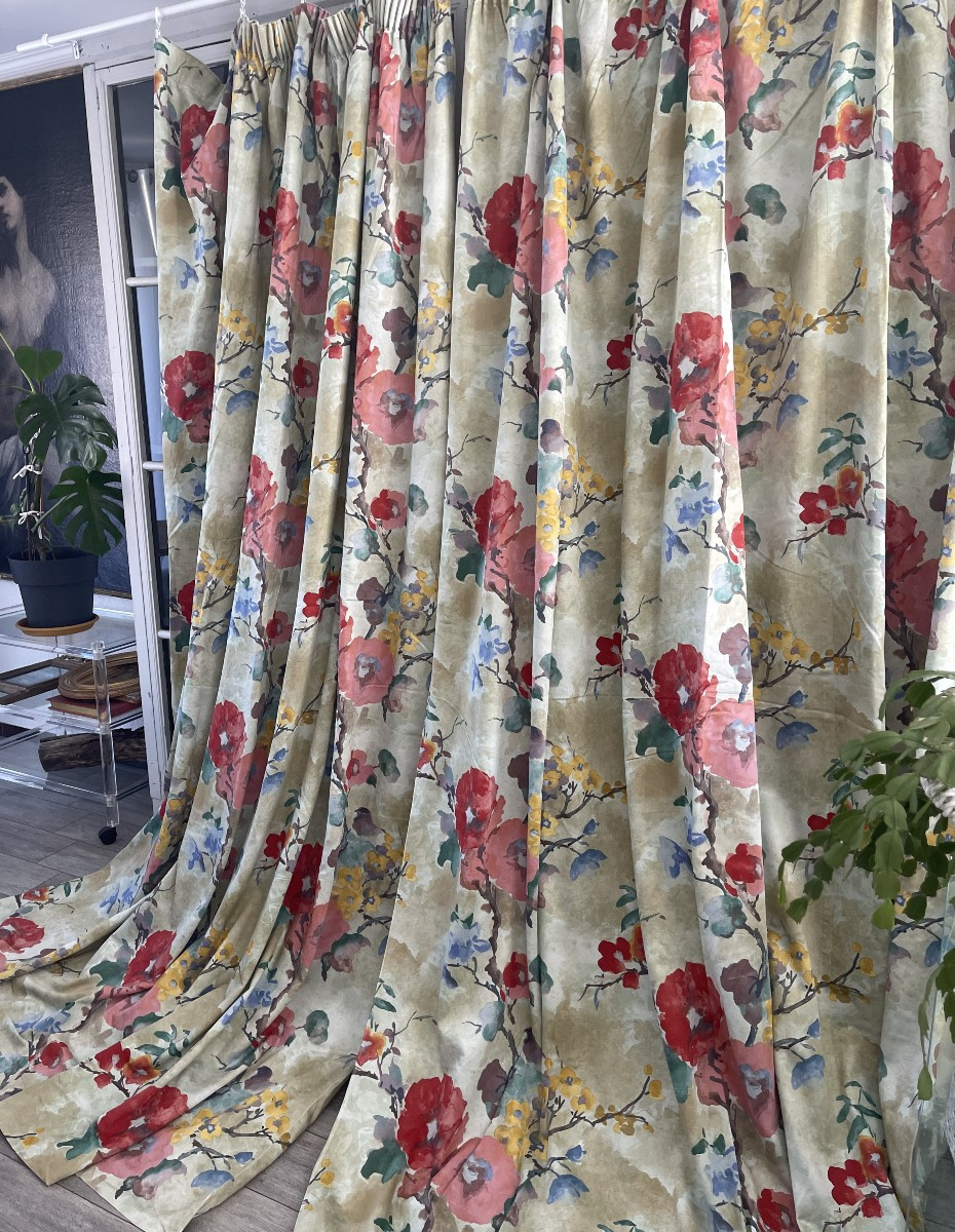 Paire de rideaux vintage  esprit aquarelle décor floral à grande échelle