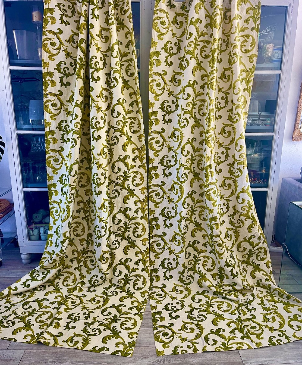 A Pair Of Baroque Printed Linen Curtains - 1970's. 4 Pairs Available