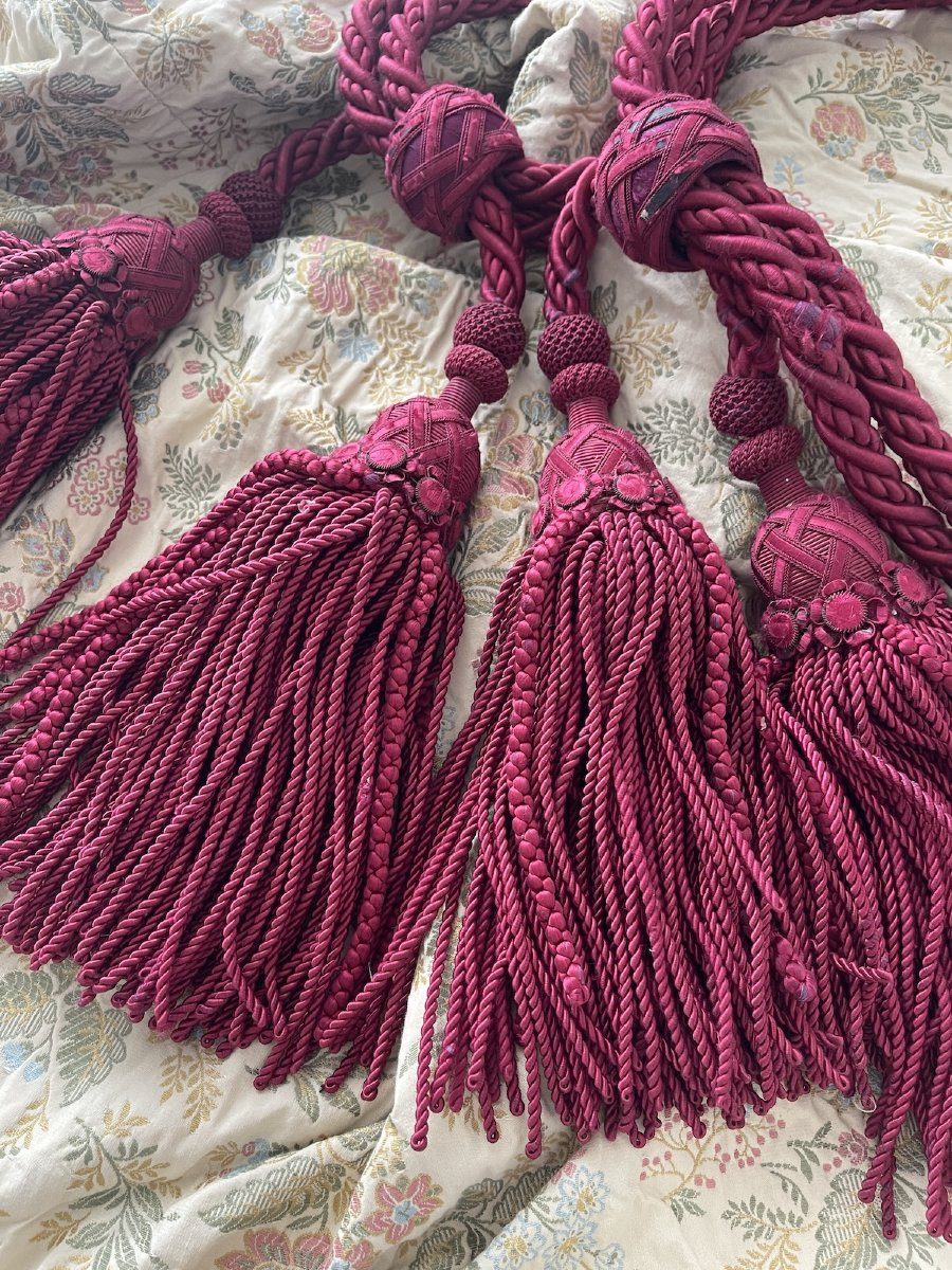 Paire d’embrases en passementerie ancienne, rose profond. 4 pompons et leur cordon-photo-6