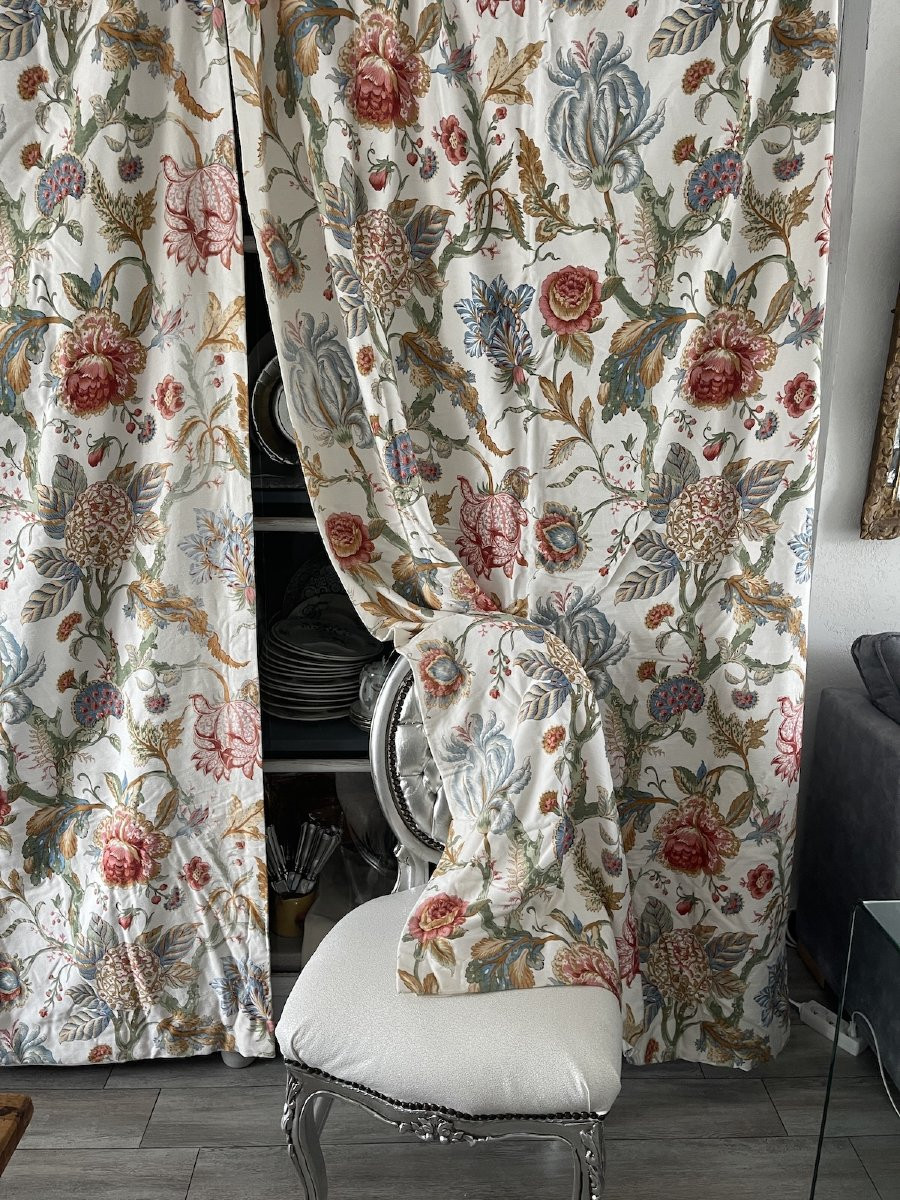 Paire De Rideaux Floraux Avec Doublure Et Anneaux Dorés , tentures  -photo-2