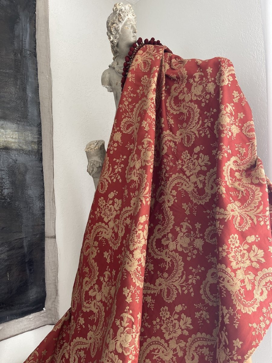Pair Of Antique Curtains 19th Century Linen Silk Drapes And Trimmings Decoration-photo-5