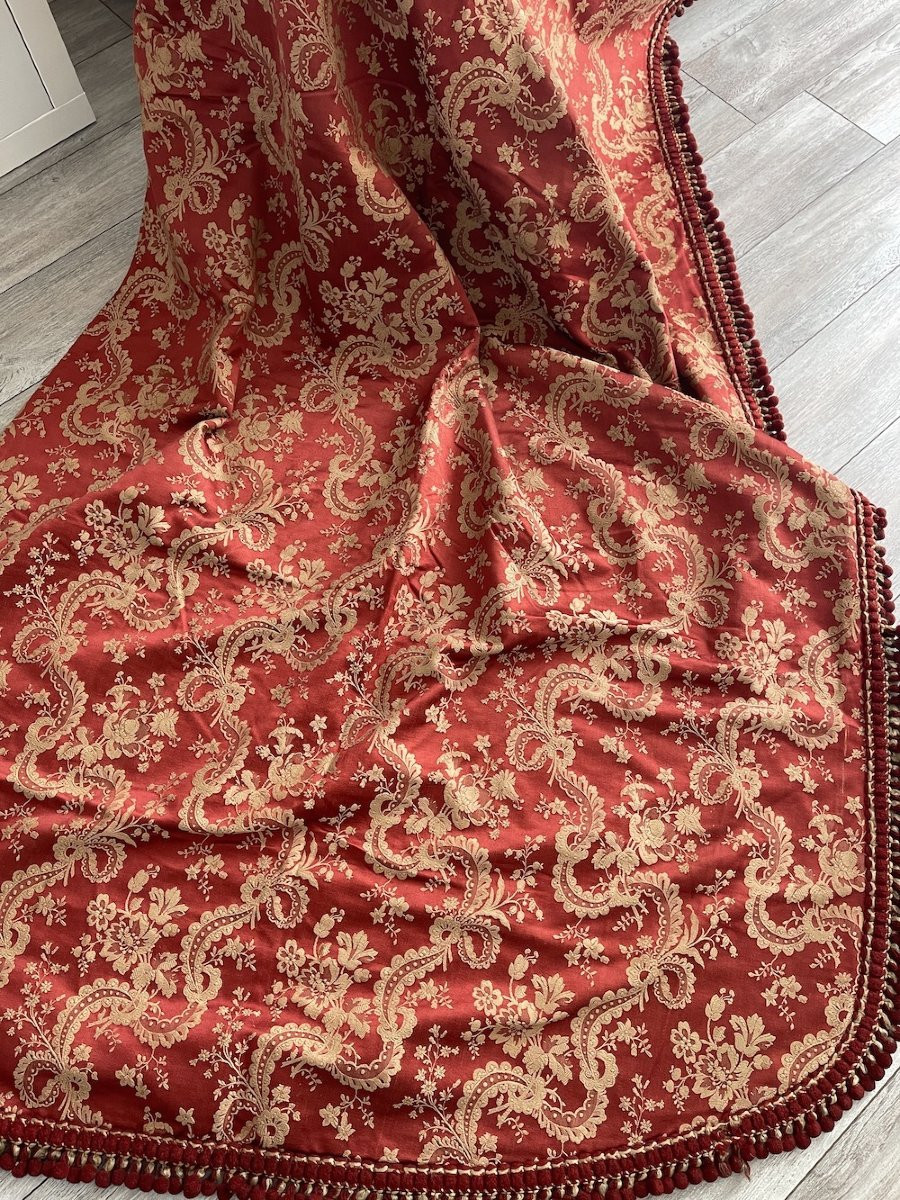 Pair Of Antique Curtains 19th Century Linen Silk Drapes And Trimmings Decoration-photo-6