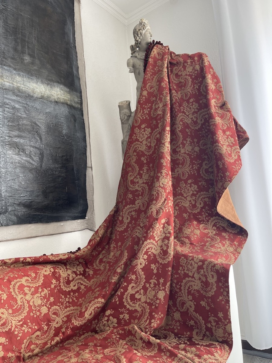 Pair Of Antique Curtains 19th Century Linen Silk Drapes And Trimmings Decoration