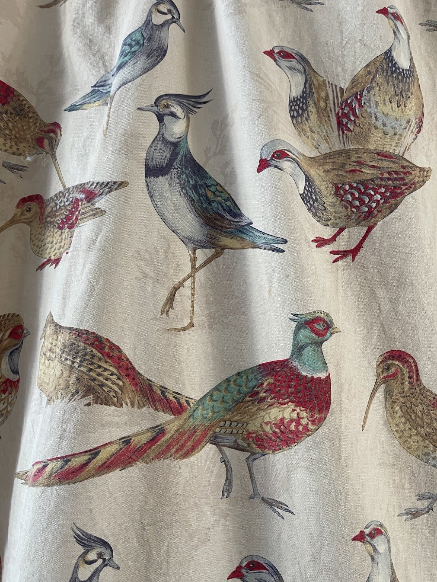 Vintage Curtain Fabric Printed Naturalistic Decor Refined Birds Lapwings, Partridges,-photo-4