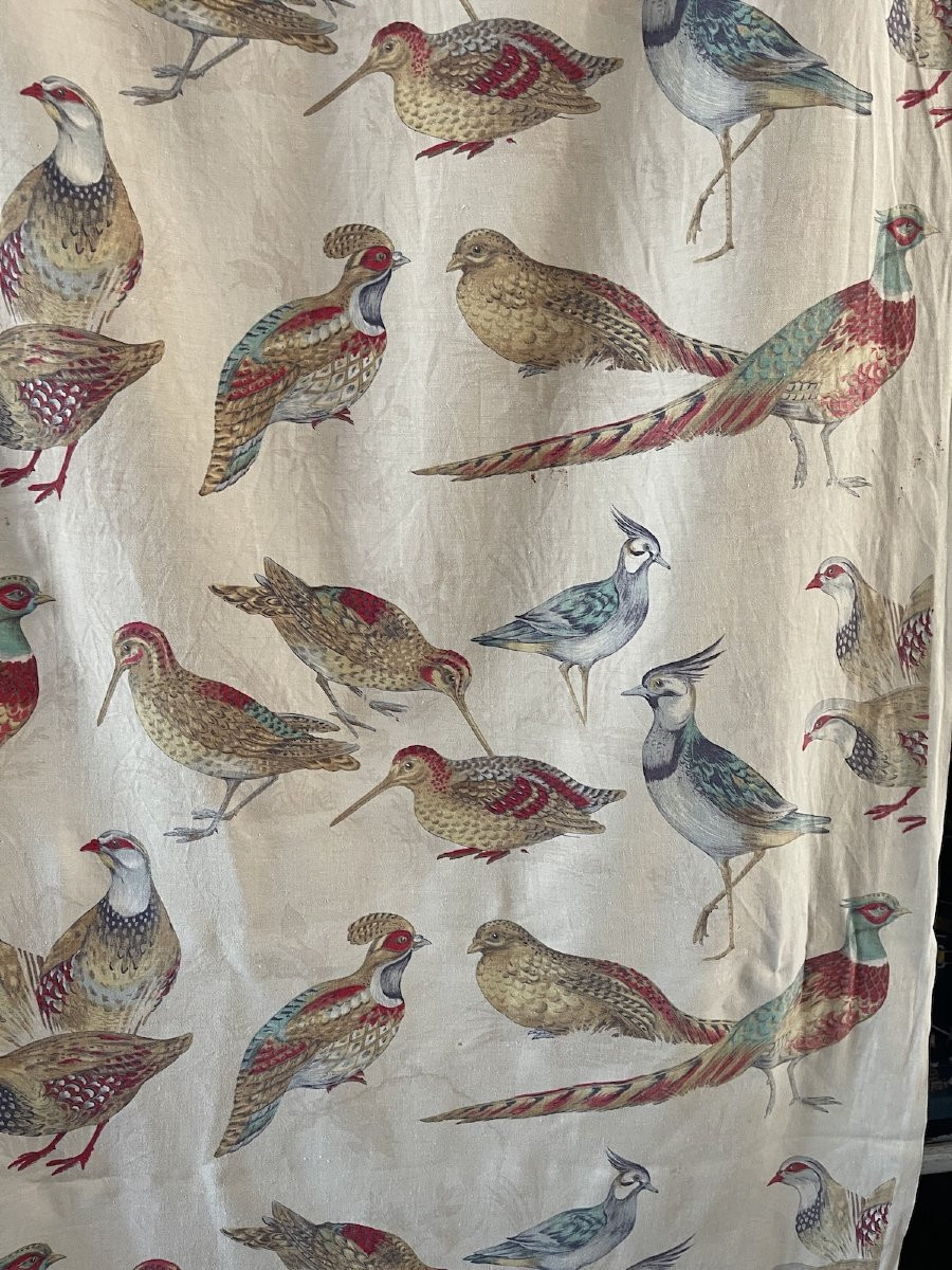 Vintage Curtain Fabric Printed Naturalistic Decor Refined Birds Lapwings, Partridges,-photo-3