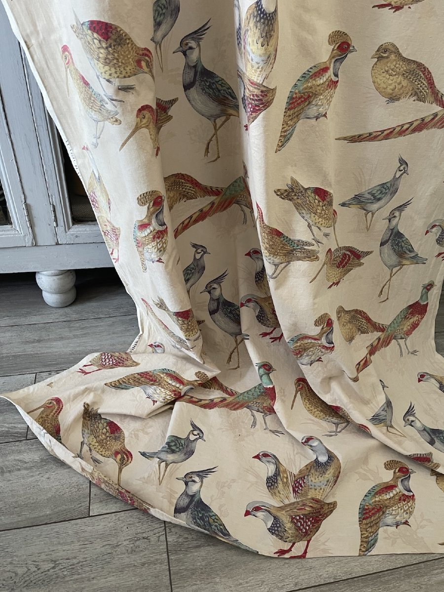 Vintage Curtain Fabric Printed Naturalistic Decor Refined Birds Lapwings, Partridges,-photo-4