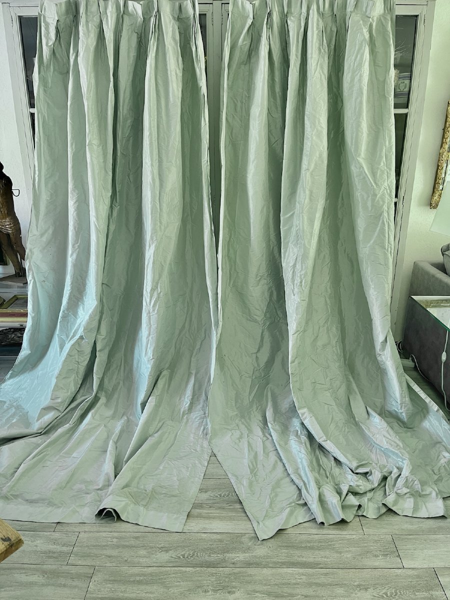 Paire de rideaux en taffetas de soie vert d’eau   310 cm x 233 cm-photo-4