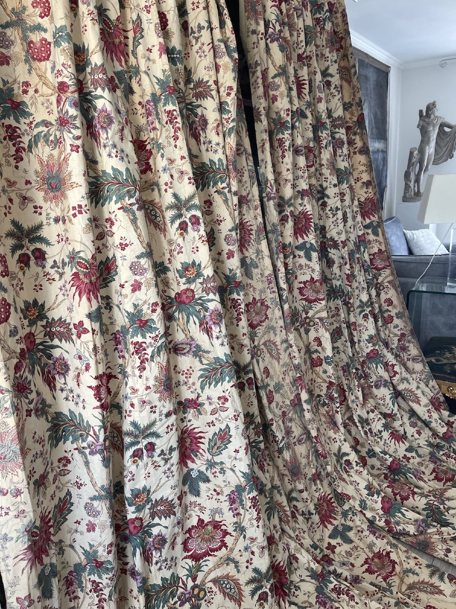 Paire De Rideaux En Toile D'Indienne Doublés 282 cm  + ourlet 19 cm x 200 cm