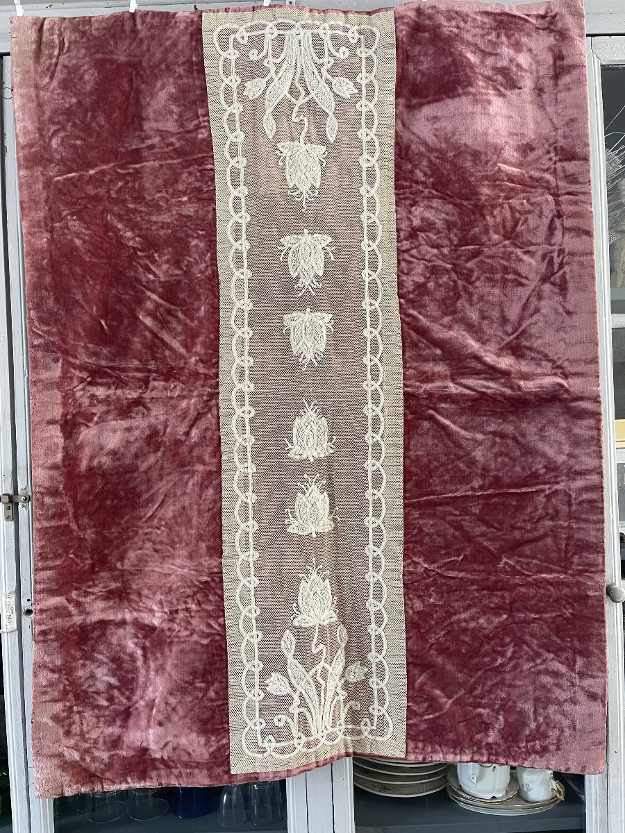 Tapis de Table ou Tête de Lit en Velours de Soie Capitonné et Dentelle Brodée – Fin XIXème-photo-2