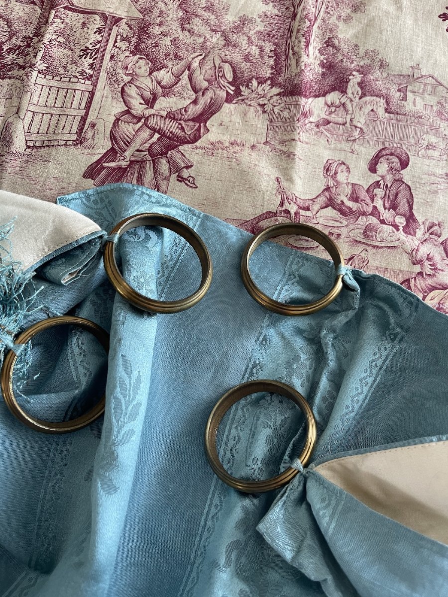 Paire De Rideaux En Soie Damas Bleu Ciel À Décor De Médaillons – Style Louis XVI-photo-5
