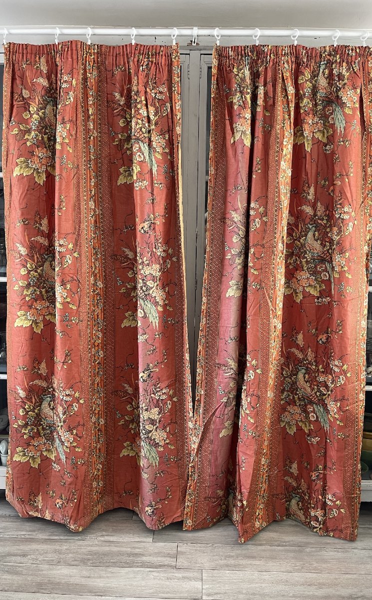 Pair Of Curtains Featuring Pheasants And Birds Among Flowers – Printed Fabric, 20th Century-photo-4