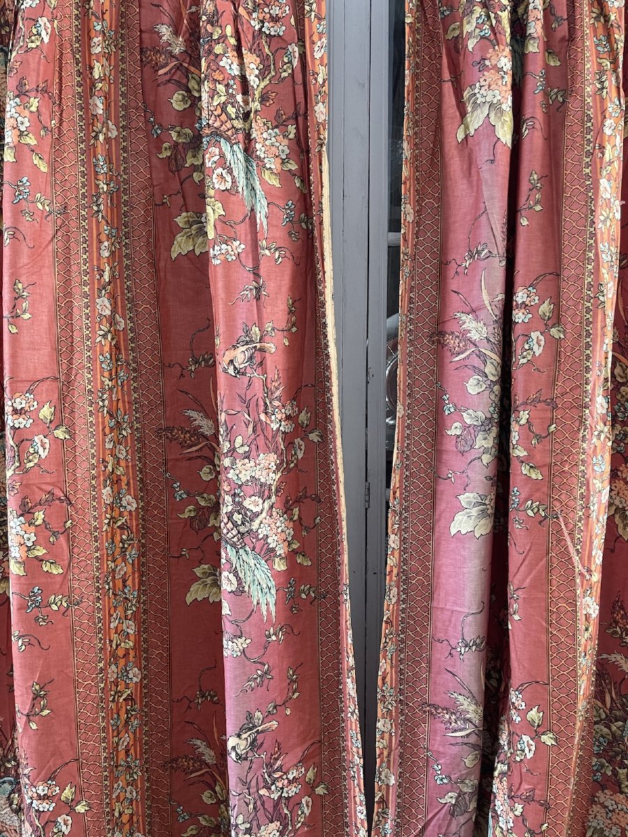 Pair Of Curtains Featuring Pheasants And Birds Among Flowers – Printed Fabric, 20th Century-photo-5