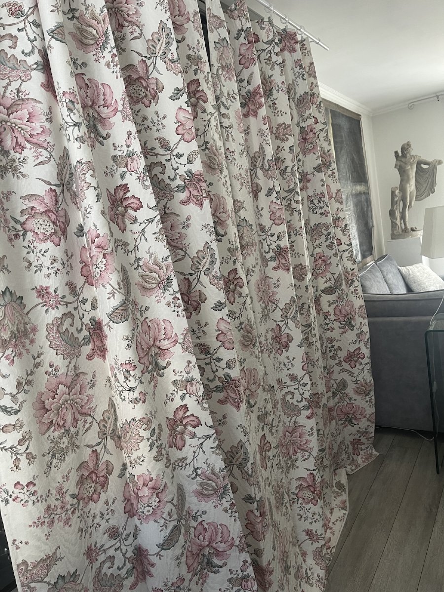 Second Pair Of Curtains With Floral Motifs On A Damask Background – Lined – 20th Century-photo-4